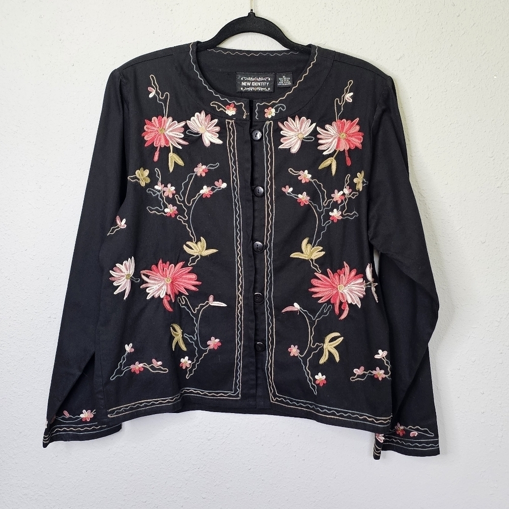 New Identity Embroidered Jacket Womens XL Black Pink Floral 100% Cotton Blazer‎